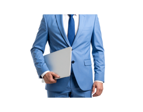 Man in Light Blue Suit Holding Silver Laptop. - Powered by Adobe