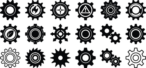 Black gear icon set, industrial cogwheel silhouettes, mechanical settings symbols, engineering tools clipart vector