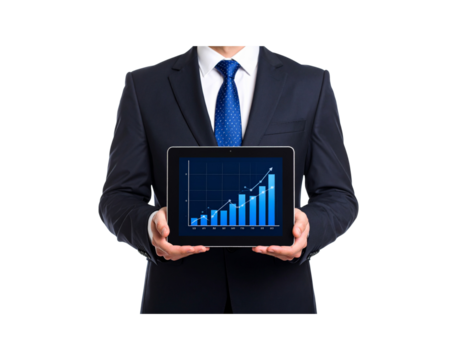 Businessman in dark suit holding tablet displaying upward trending bar graph showcasing financial growth.