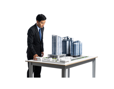 Architect in Suit Examining Detailed Architectural Model of Modern Cityscape.