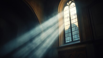 Sunlight streaming through an arched window creating beams of light in dark room