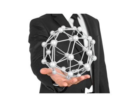 Silver Molecular Structure Model Held in Open Palm.