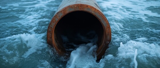 Water Pipe Discharging into Ocean Waves with Foam and Ripples in Coastal Environment