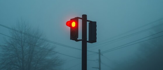 Red Traffic Light Against Foggy Background with Silhouettes of Trees and Power Lines Nearby