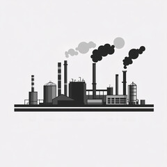 Obraz premium Black and white industrial factory skyline with smokestacks and pollution in minimalist silhouette style 