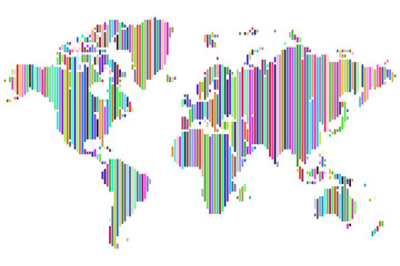 Vertical line shape world map. Vertical line shape multicolour world map. Multicolour line shape map to represent continents and countries in geometric layout.