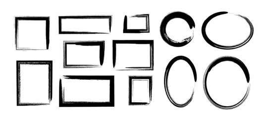 Box brush stroke frames line, Text box outline frame, ink paint brush square and rectangle shapes in Hand-drawn style set, Brush borders Vector illustration	