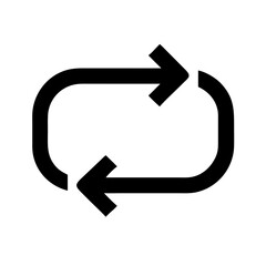 Black icon of two arrows forming a loop, symbolizing repeat, cycle, playback loop, synchronization, or continuous process in digital interfaces.
