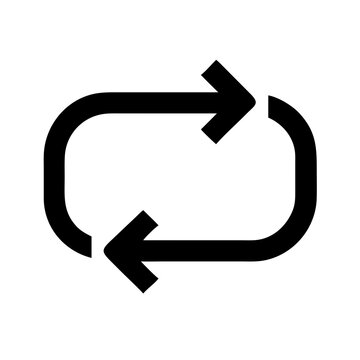 Black icon of two arrows forming a loop, symbolizing repeat, cycle, playback loop, synchronization, or continuous process in digital interfaces.
