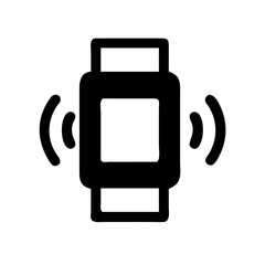 Black icon of a smartwatch emitting sound or alert waves, symbolizing notifications, audio output, or haptic feedback.
