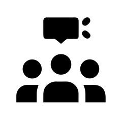 Minimal black icon showing three people and a speech bubble, symbolizing an audience, viewers, or public engagement in communication.  
