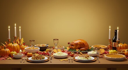 Thanksgiving feast table setting with turkey