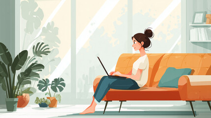 Fototapeta premium Digital illustration of a woman working from home with a laptop. Captures remote work, focus, and modern lifestyle in a cozy and productive home setting.