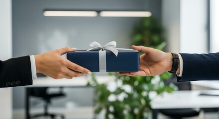 A sleek, professional photorealistic close-up of hands in business attire exchanging an elegantly wrapped corporate gift in a modern office.