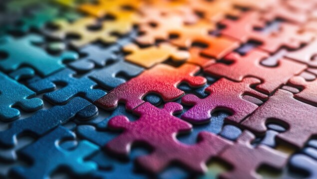 Close-up view of colorful jigsaw puzzle pieces