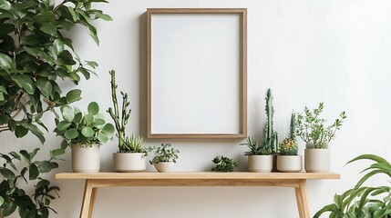 Wooden framed mockup displayed on a console table with various potted plants