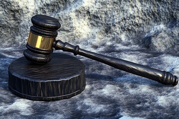 Wooden gavel and sound block with golden band on textured stone background render
