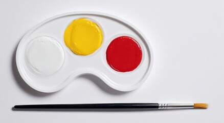 Plastic paint palette with yellow, white, and red paint, beside a paintbrush
