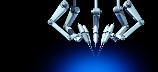 Robot Surgical Operation and Robots Surgery Concept and robotics in healthcare as medical technology using AI as artificial intelligence in medicine as computer guided medical equipment.