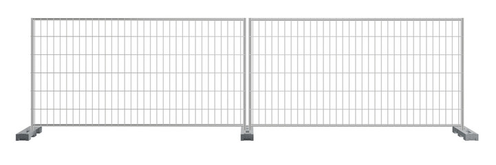 A straightforward 3D render of two portable metal fence panels, designed for temporary barriers at construction sites or events. Ideal for illustrations of security, boundaries, or urban development.