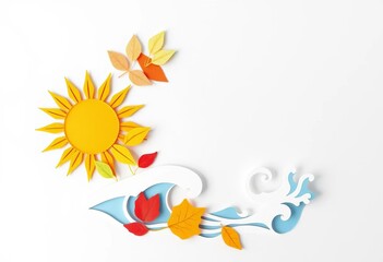 Obraz premium Intricate paper cut design of summer elements, sun, leaves, and waves, against a clean white backdrop, summer, sunshine