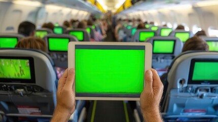 Passenger with tablet on airplane