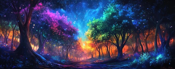 Fototapeta premium A vibrant, colorful fantasy forest bathed in luminous light