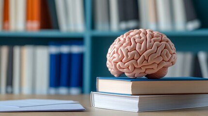 Pink brain model sits atop books near a teal bookshelf. A white envelope is partially visible in the foreground.