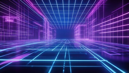 Neon grid pathway through a futuristic city