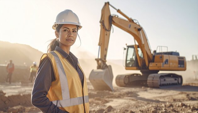 Close-Up of a Young Female Worker at a Construction Site. Heavy Equipment Operator. Woman in Construction. - Powered by Adobe