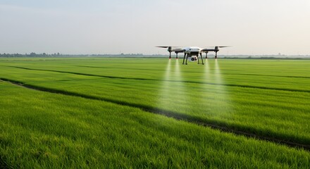 Drone spraying fertilizer in a rice field modern agriculture concept