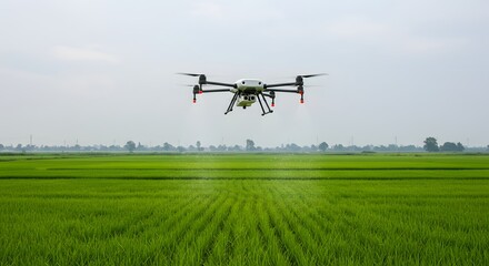 Fototapeta premium Drone spraying fertilizer in a rice field modern agriculture concept