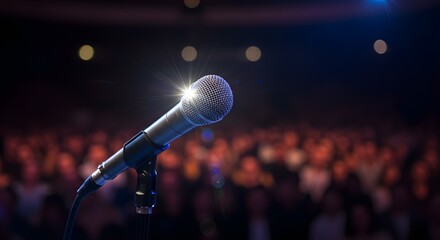 Obraz premium Microphone on stage with an audience in the background