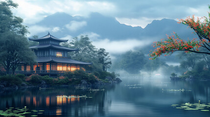 Fototapeta premium Peaceful Traditional Asian House by Misty Lake – Serene Mountain Landscape at Dusk