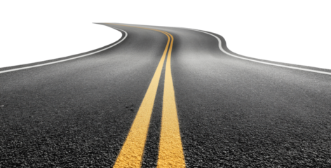 Black asphalt road with bright yellow double center lines isolated on transparent background