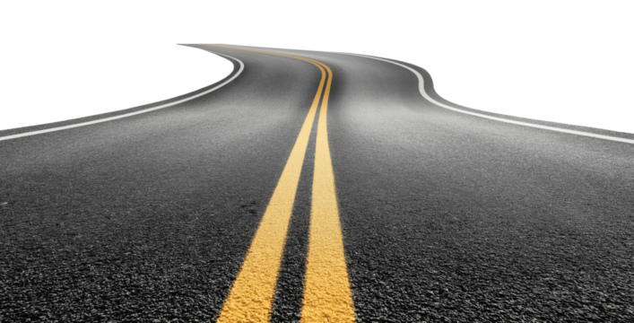 Black asphalt road with bright yellow double center lines isolated on transparent background