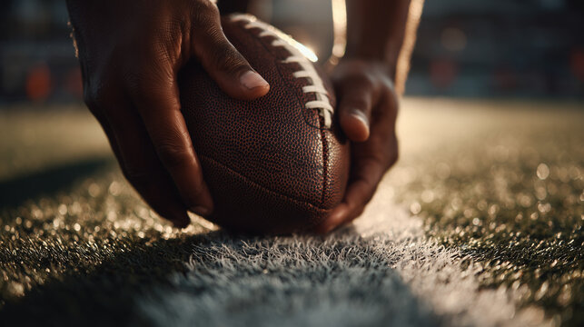 Close-up of a hand gripping an American football. Highlights strength, focus, and readiness in a moment of athletic intensity and sports action.