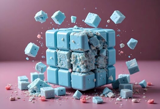 fragmented 3d cube made of floating blocks on pink background