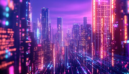 Futuristic city skyline at twilight