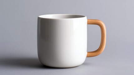 Obraz premium Simple White Ceramic Mug with Natural Wood Handle Blank Plain Product Mockup Template for Branding and Design Presentation Isolated on Solid Gray Background Professional Still Life Photography