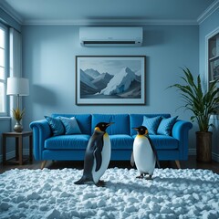Stylish living room boasts blue sofa and wall-mounted air conditioner. A pair of penguins stand on floor covered with snow in this bizarre interior. Cool comfort.

