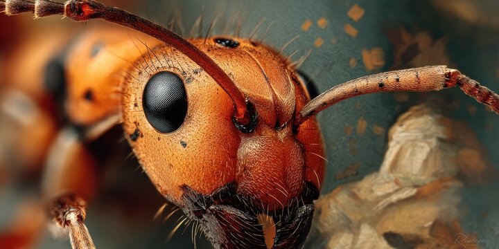 Close-up of an ant's head and antennae.