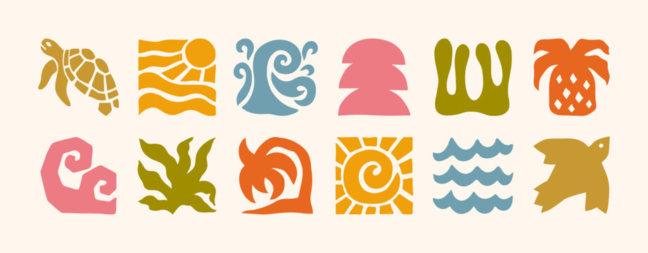 Groovy Summer Icons in Boho Style. Vector Abstract Square Tropical Illustrations in Freehand. Geometric Bird, Sun, Sea Wave, Palm, Flower, Pineapple and Turtle for Logo, Patterns, Print, Stickers