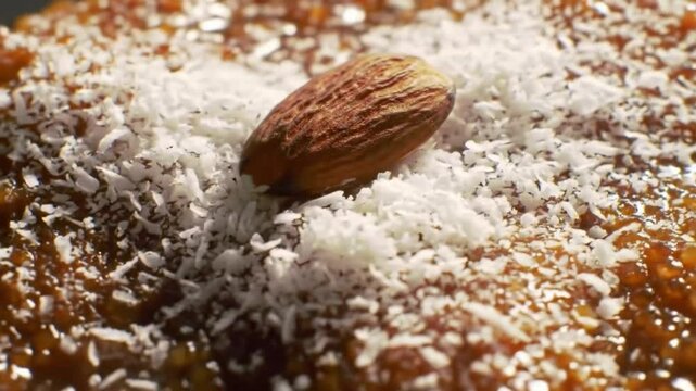 Macro Shot of Syrup-Soaked Basbousa with Coconut and Almond