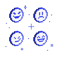 Set of 3d pixel emoji. Isometric 8 bit smiley. Various emotions in a voluminous 8-bit style. Brutalism design, y2k aesthetics. Vector Illustration