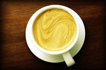 Latte art in white cup on wooden table