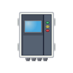 Illustration of a solar inverter with a digital screen and LED indicators for power, fault, and status. Perfect for representing solar energy systems, control, and power conversion.