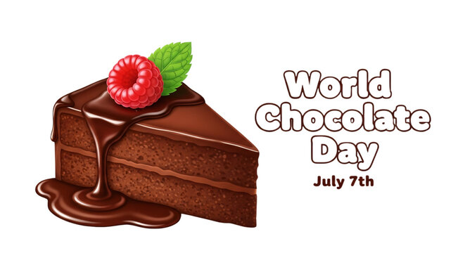 Indulgent chocolate cake slice topped with raspberry and mint, ideal for World Chocolate Day July 7th celebrations, bakery promotions, dessert shop advertising, and sweet treat content,