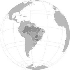 World vector map with Brazil level 1 administrative boundaries and graticules (Brazil-centered and highlighted view, orthographic projection, PPT-compatible & fully editable)	