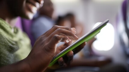 Hands using tablet in flight